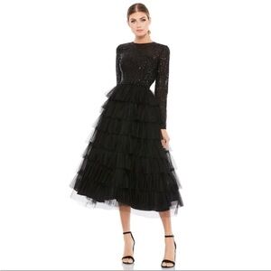leena for Mac Duggal Sequined Layered Tulle A-Line Cocktail Dress Black Size 8